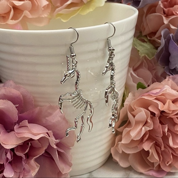 Gothic Silver Unicorn Skeleton Dangle Earrings - Picture 9 of 16